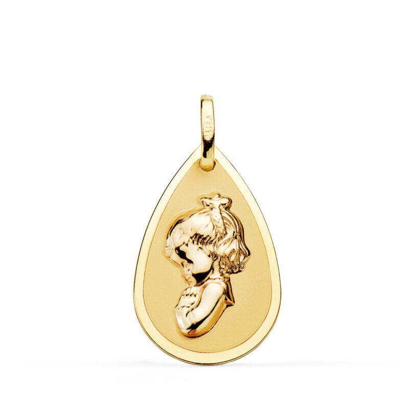 Medalla de oro amarillo virgen niña gota en brillo y mate 23 × 15 mm