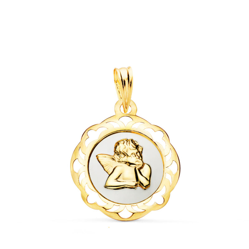 Medalla de oro amarillo angelito burlón esmalte blanco y cerco calado en brillo 20 × 18 mm