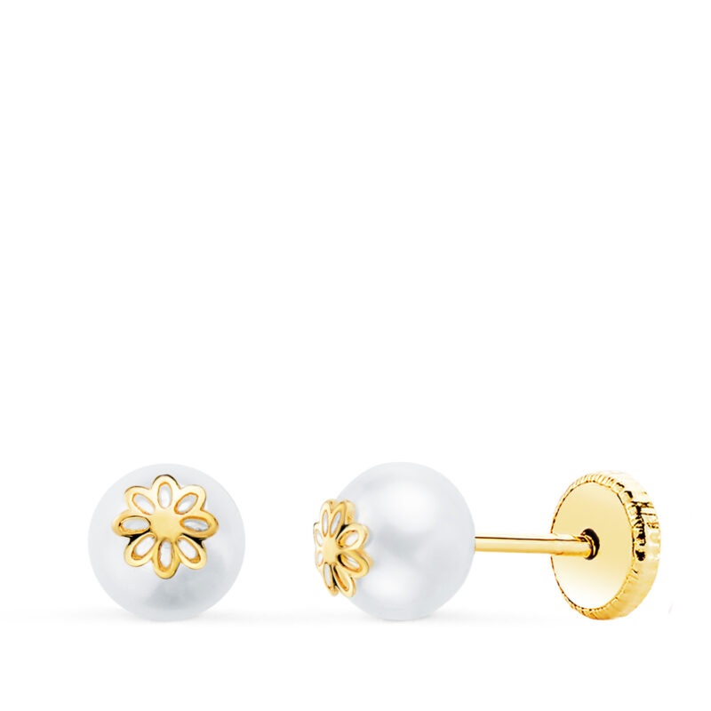 Pendientes de oro amarillo perlas con motivo margarita