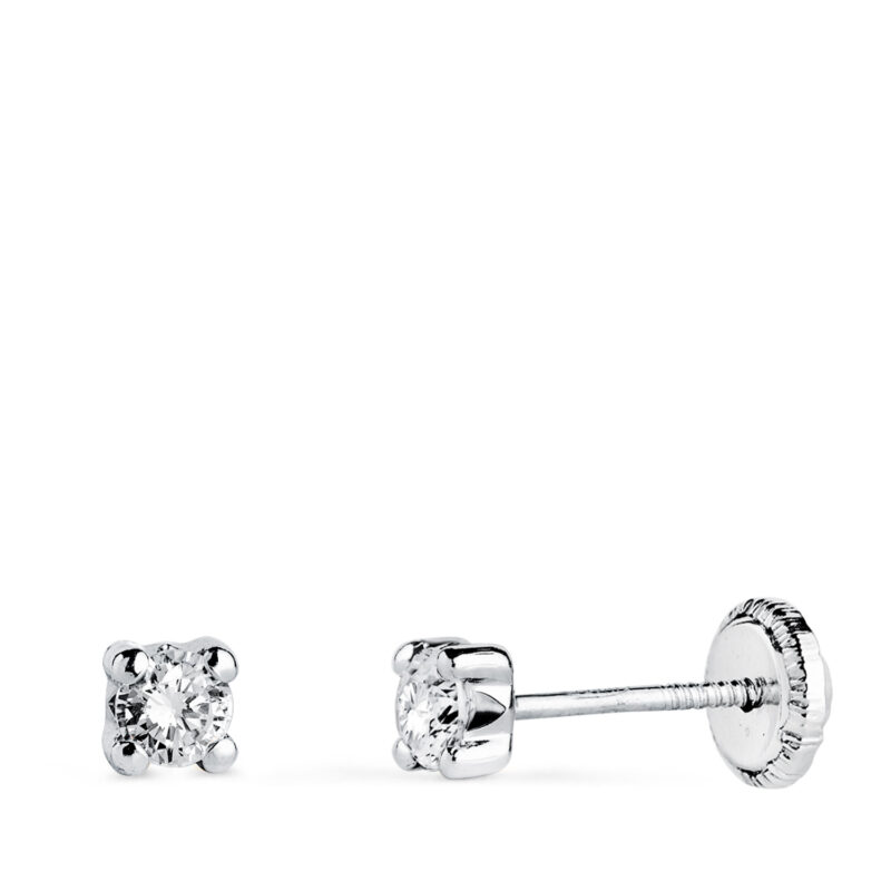 Pendientes de oro blanco circonita 3 mm con 4 garras
