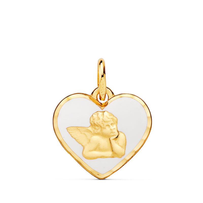 Medalla de oro amarillo corazón angelito burlón esmalte blanco 14 mm c. Amor