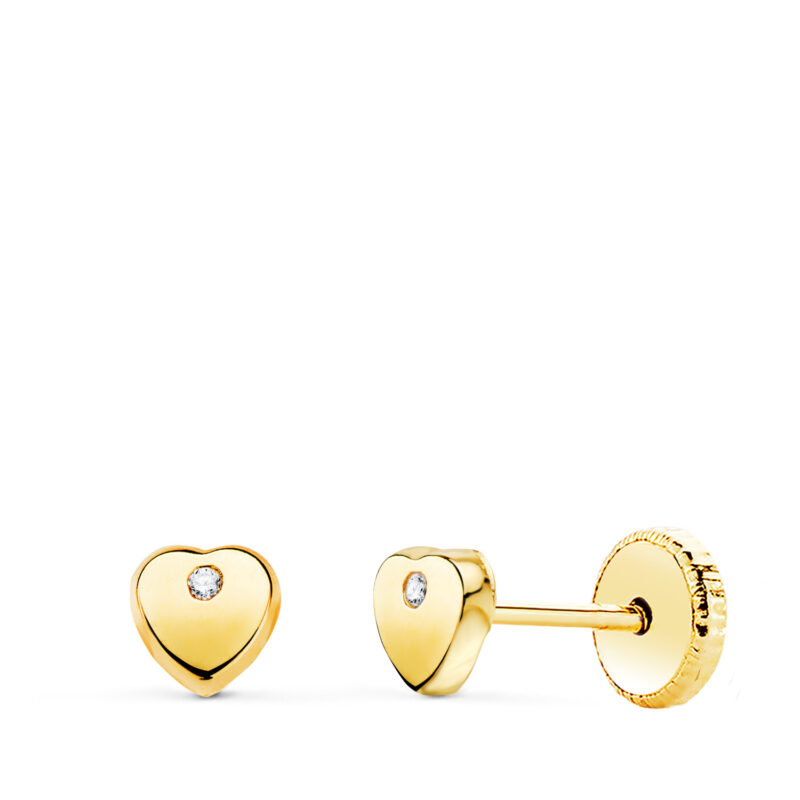 Pendientes de oro amarillo corazón con circonita brillo 4 × 4 mm