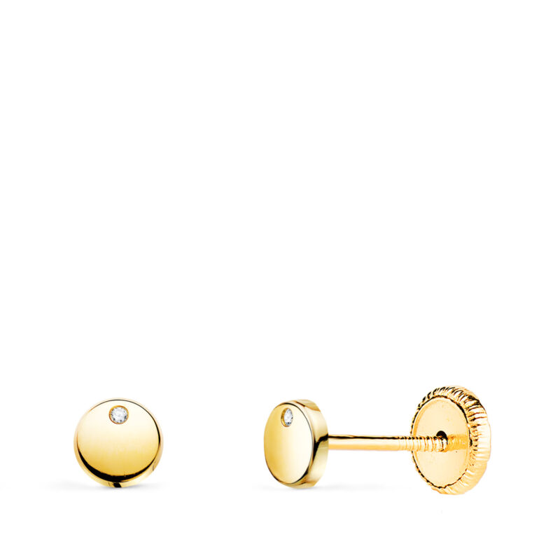 Pendientes de oro amarillo redondos brillo con circonita 4,5 mm