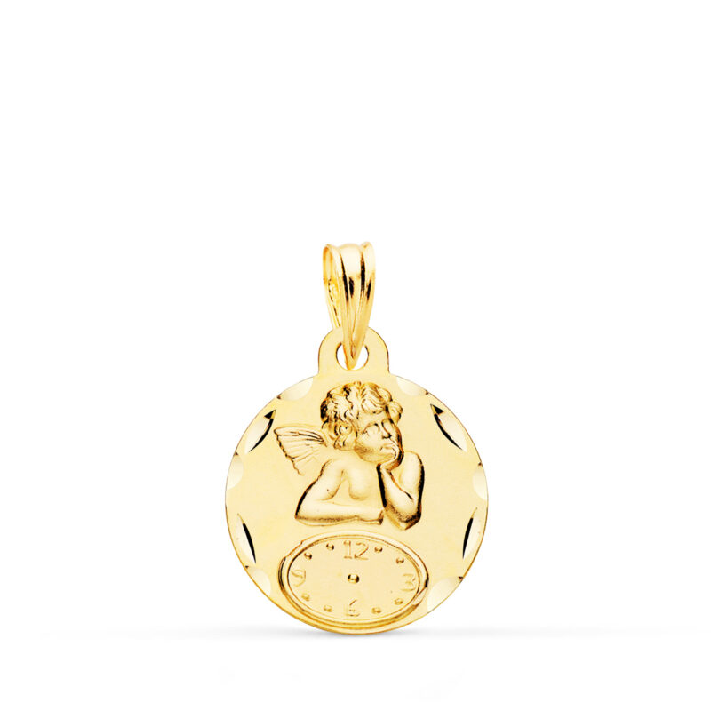 Medalla de oro amarillo redonda angelito burlón con reloj tallada 15 mm