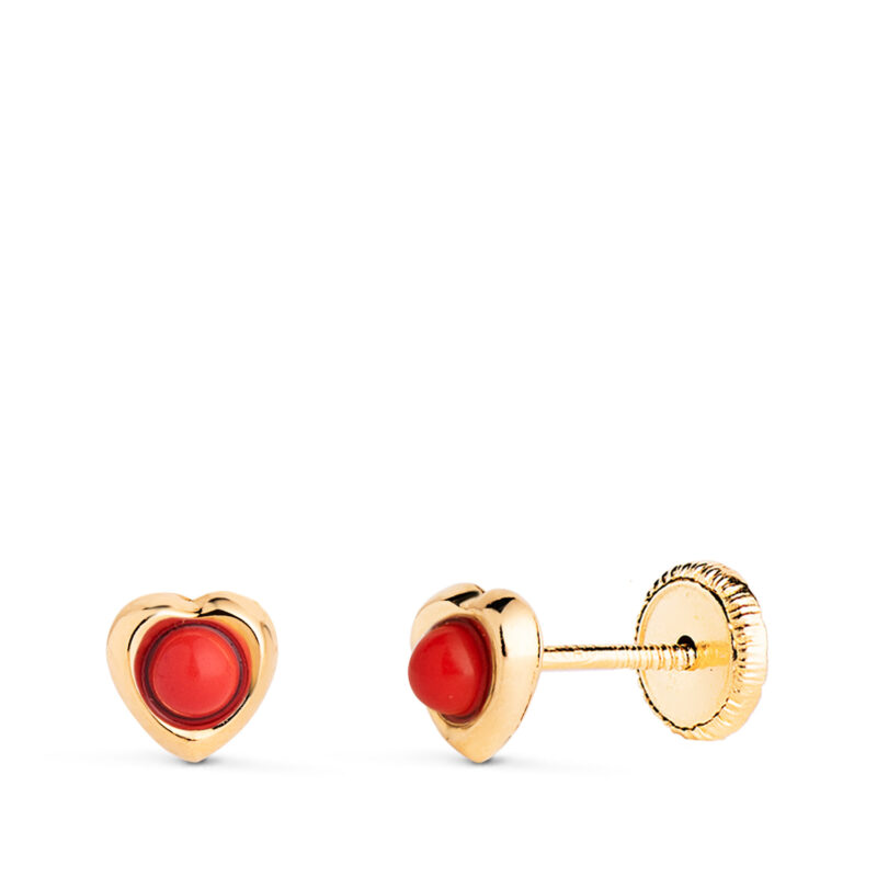Pendientes de oro amarillo corazón con coral de 2,4 mm