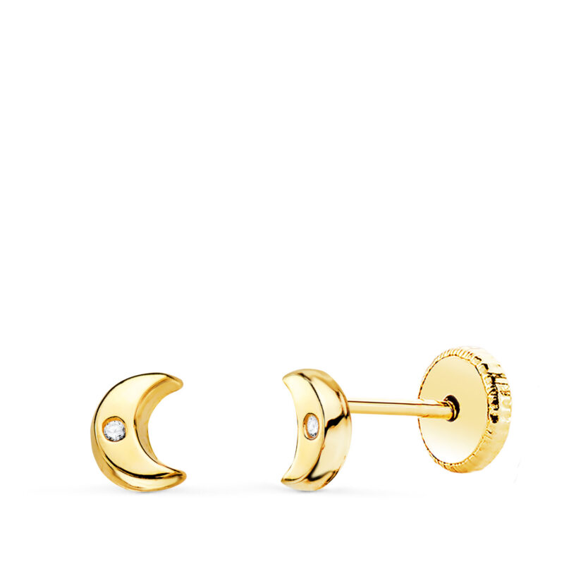 Pendientes de oro amarillo media luna con circonita brillo 5 × 4 mm