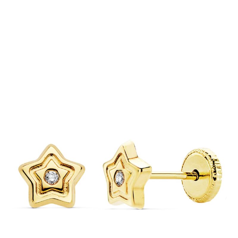 Pendientes de oro amarillo estrella circonita 6 × 6 mm cierre tuerca