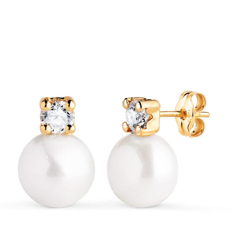 Pendientes de oro amarillo tú y yo con circonita cuadrada y perla