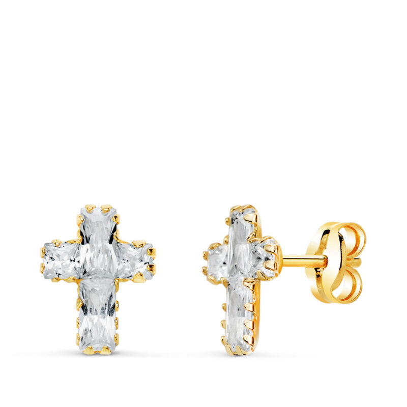 Pendientes de oro amarillo cruz circonitas baguette