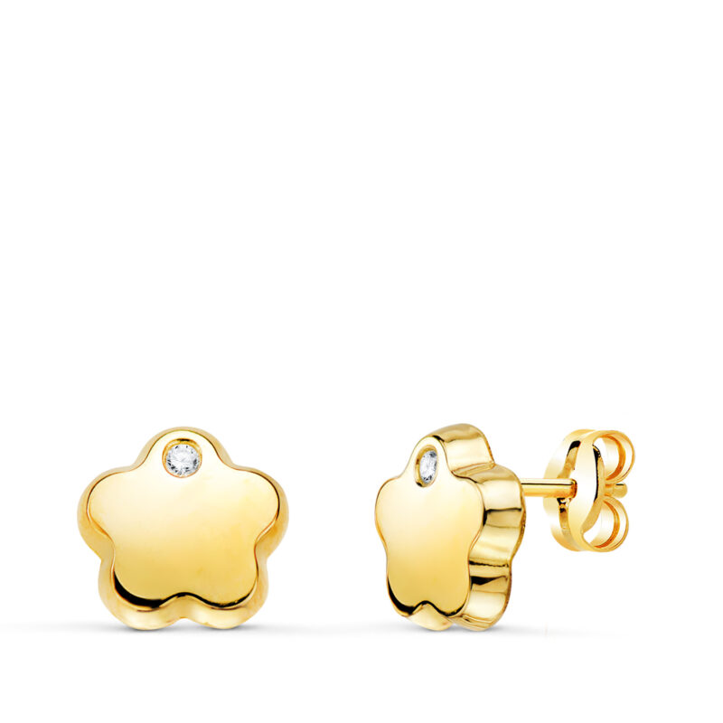 Pendientes de oro amarillo flor con circonita brillo