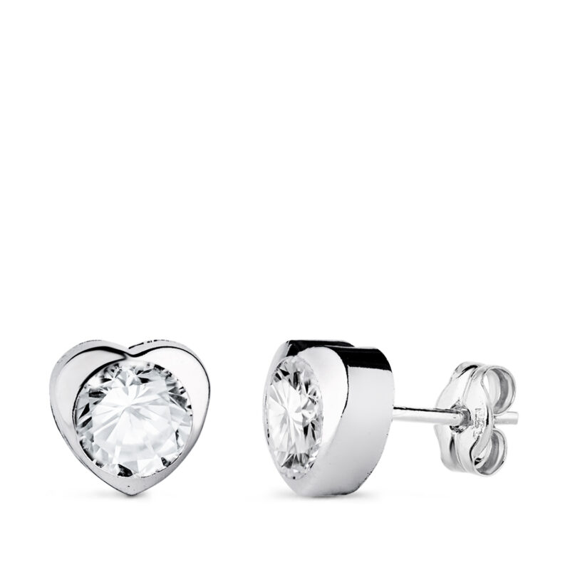 Pendientes de oro blanco chaton corazón con circonita
