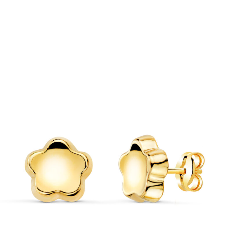Pendientes de oro amarillo flor concavo en brillo