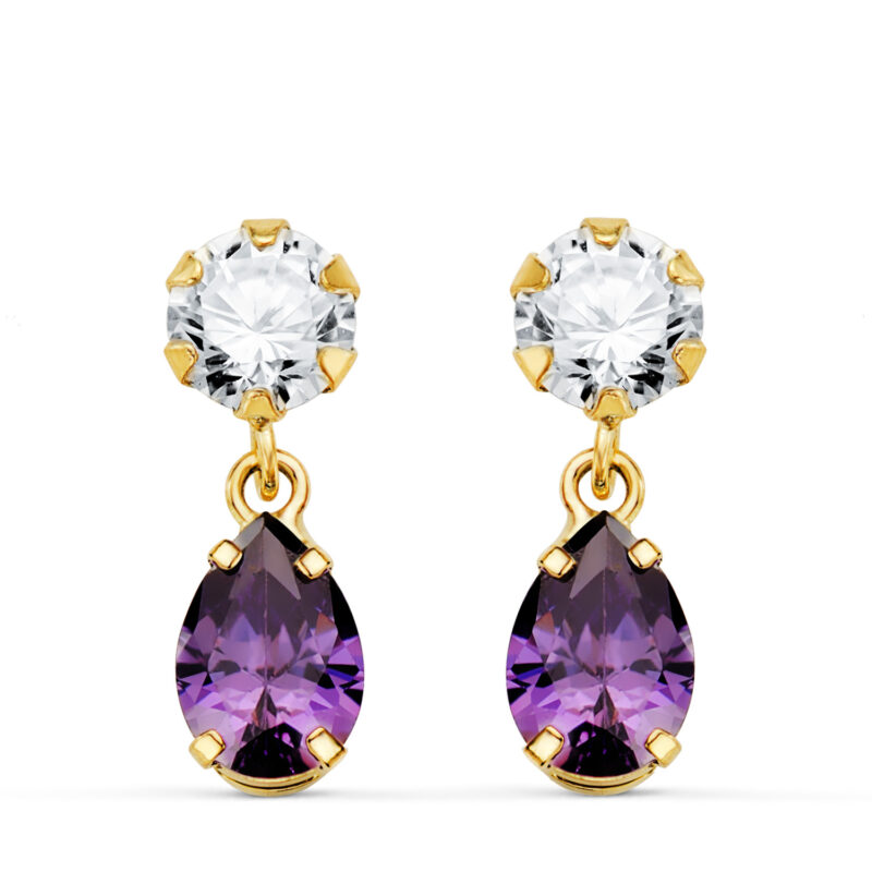 Pendientes de oro amarillo de dos cuerpos con circonitas y piedra en lágrima de color