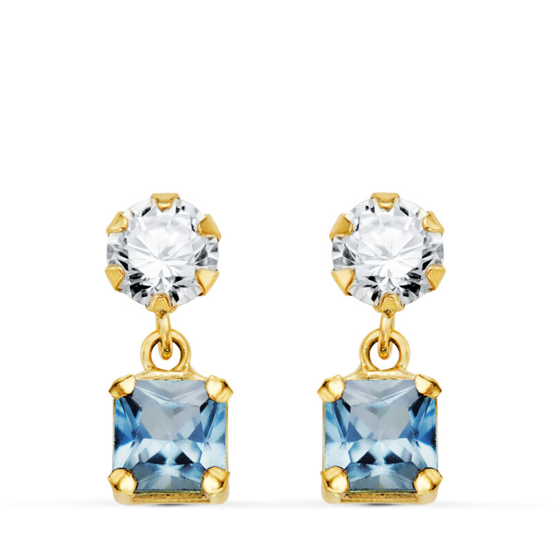 Pendientes de oro amarillo de dos cuerpos con circonitas y piedra cuadrada de color