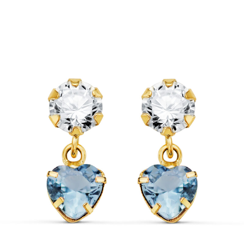 Pendientes de oro amarillo de dos cuerpos con circonitas y piedra en corazón de color