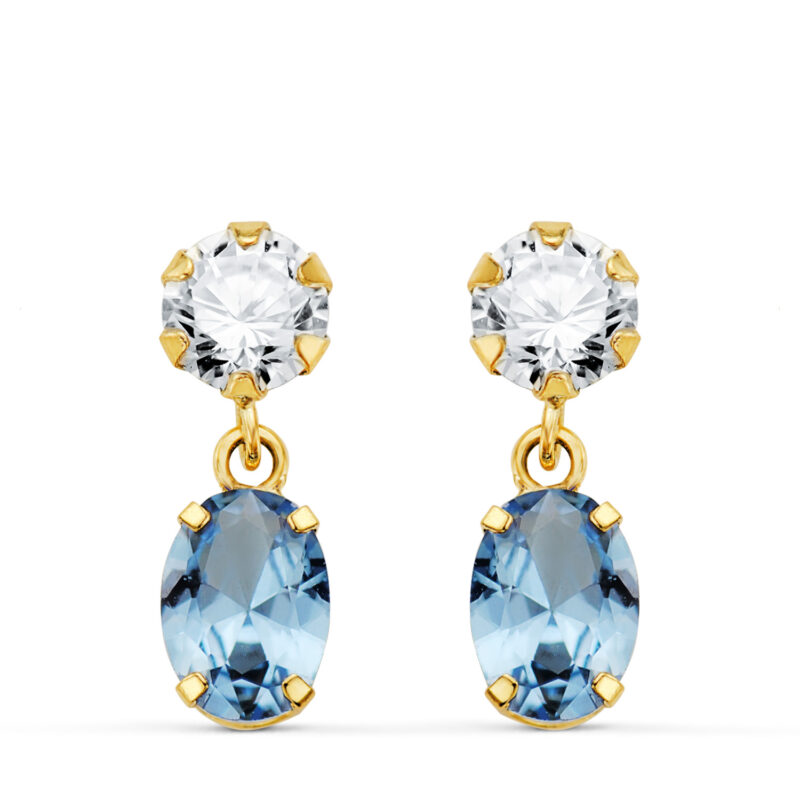 Pendientes de oro amarillo de dos cuerpos con circonitas y piedra oval de color
