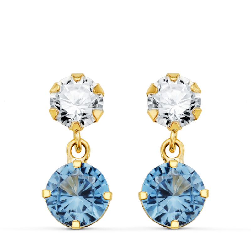 Pendientes de oro amarillo de dos cuerpos con circonitas y piedra redonda de color