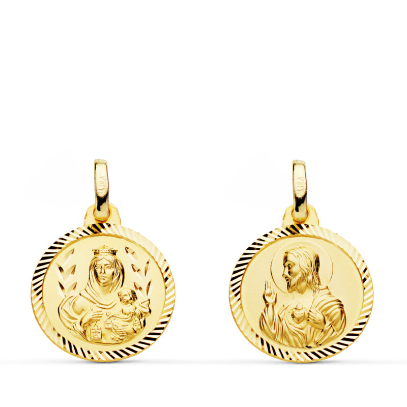 Escapulario de oro amarillo helice Virgen Carmen y corazón de Jesús