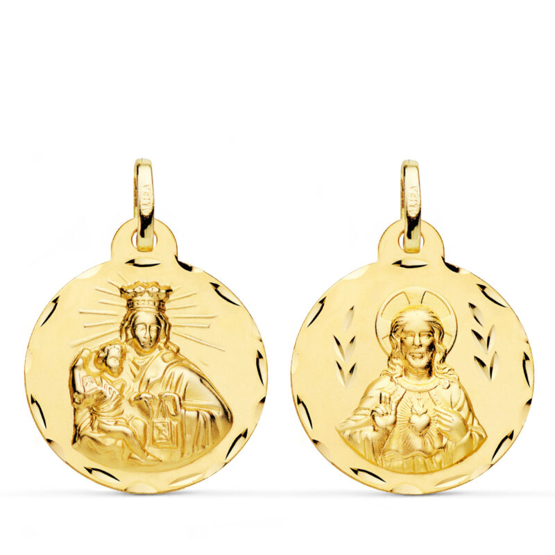 Escapulario de oro amarillo corazón de Jesús y Virgen del Carmen tallado oro amarillo