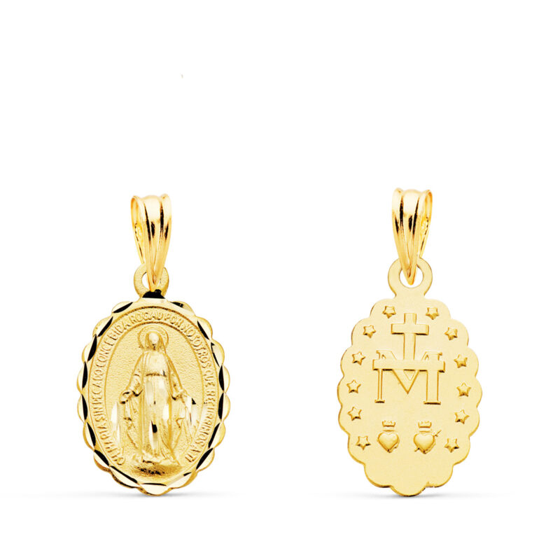 Medalla de oro amarillo Virgen de la Milagrosa oval tallada