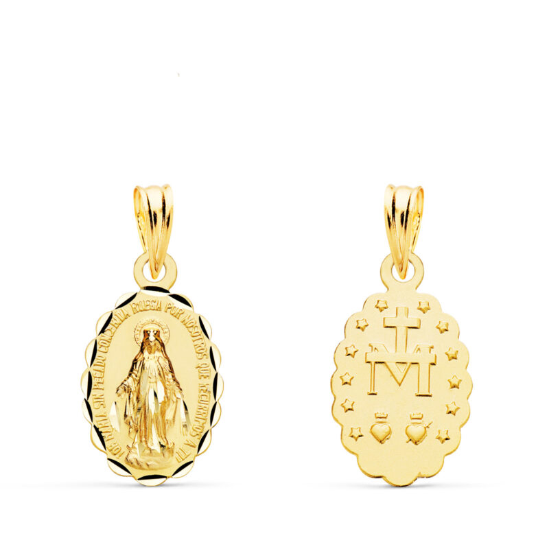 Medalla de oro amarillo Virgen de la Milagrosa oval tallada