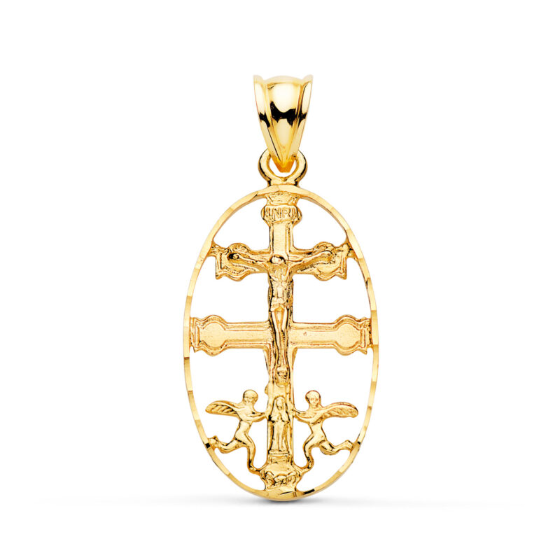 Cruz de Caravaca oro amarillo cerco oval tallado
