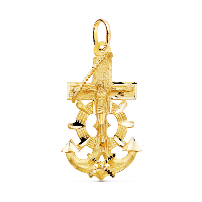 Cruz marinera oro amarillo con Cristo tallada